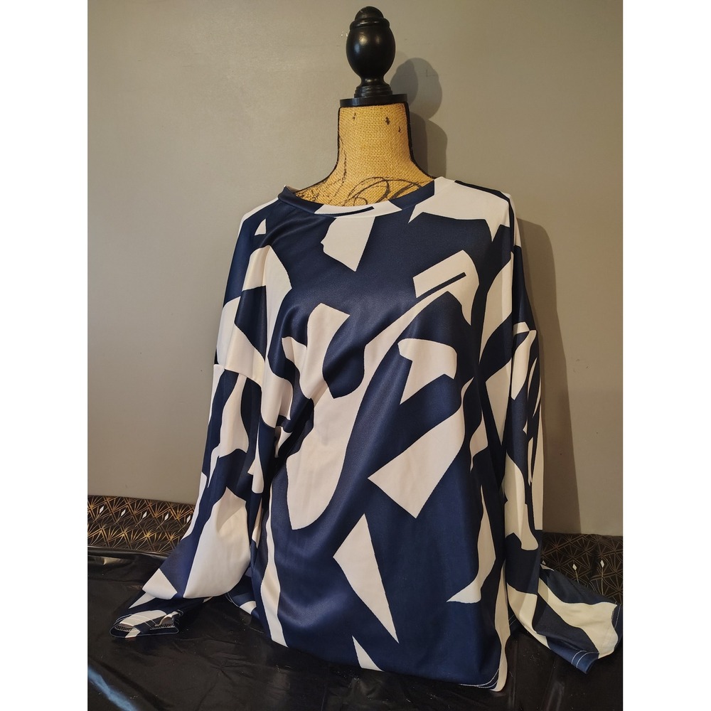 ChicMe Navy Blue White Geometric Abstract Print Long Sleeve Blouse Top 4XL